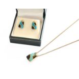 A 9 Carat Gold Turquoise and Jet Pendant on Chain, pendant length 1.8cm, chain length 41.5cm; and