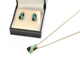 A 9 Carat Gold Turquoise and Jet Pendant on Chain, pendant length 1.8cm, chain length 41.5cm; and