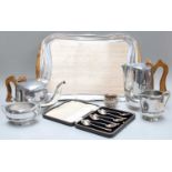 A Cased Set of Six Silver Tea Spoons, a silver salt and a five piece Picquot ware teaset (