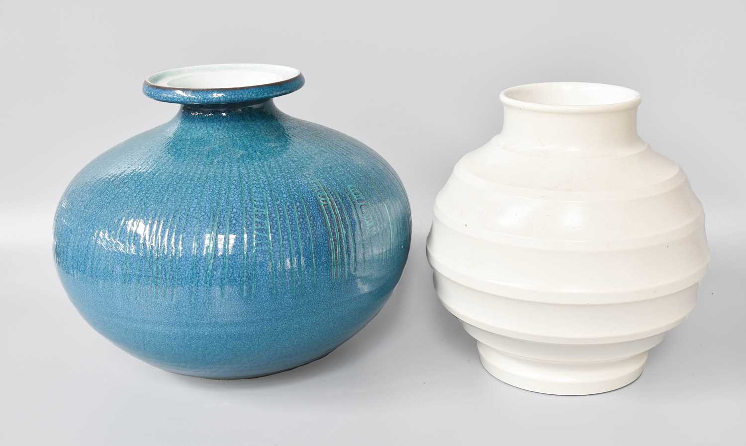 A Keith Murray Ribbed Vase; together with a pool pottery blue glazed vase Keith Murray Vase -