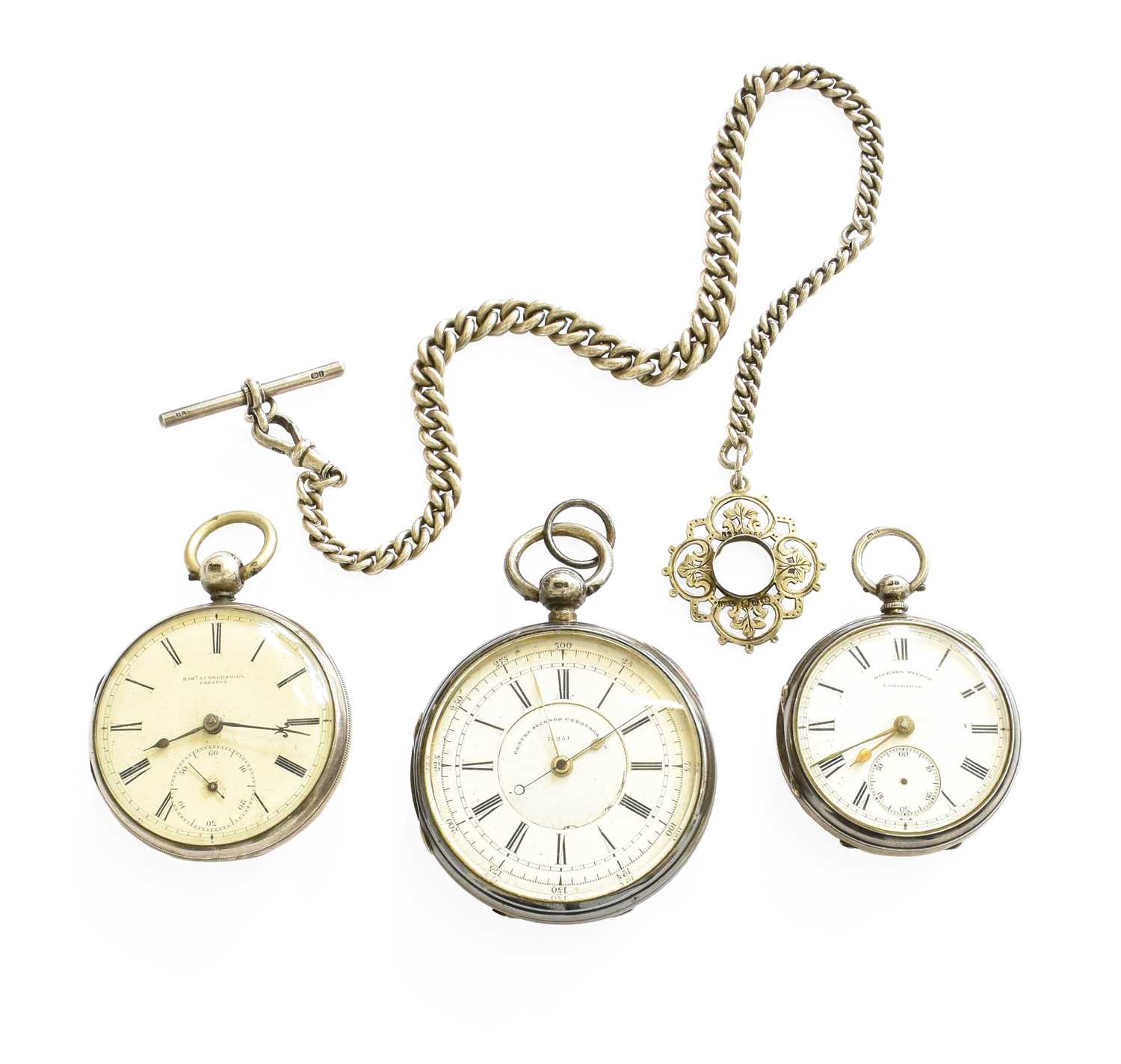 A Silver Chronograph Pocket Watch, Two Silver Open Faced Pocket Watches retailed by Robt Summersgill