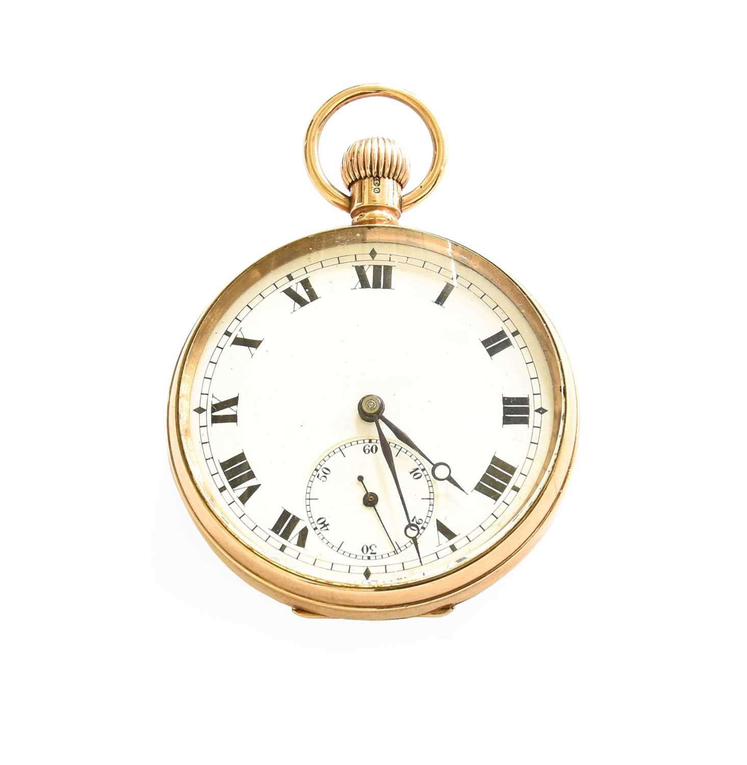 A 9 Carat Gold Open Faced Pocket Watch, cuvette cover with an engraved presentation inscription