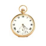 A 9 Carat Gold Open Faced Pocket Watch, cuvette cover with an engraved presentation inscription