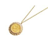 A Sovereign Pendant on Chain, dated 1902, in a 9 carat gold textured loose mount, on a fancy link