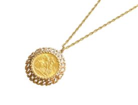 A Sovereign Pendant on Chain, dated 1902, in a 9 carat gold textured loose mount, on a fancy link