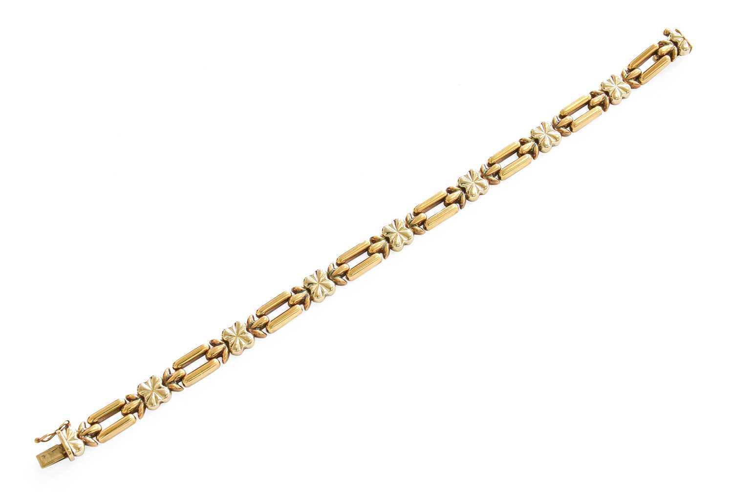 A 9 Carat Bi-Colour Gold Fancy Link Bracelet, length 18.3cm Gross weight 11.3 grams.