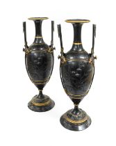~ A Pair of Gilt and Patinated Metal Vases in Aesthetic Style, circa 1880, of baluster form with