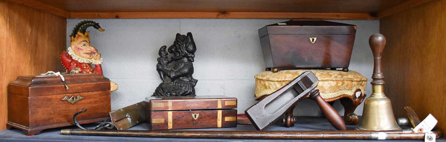 An Assortment Items to Include, two Victorian cast iron door stops in the form of Punch and Judy,