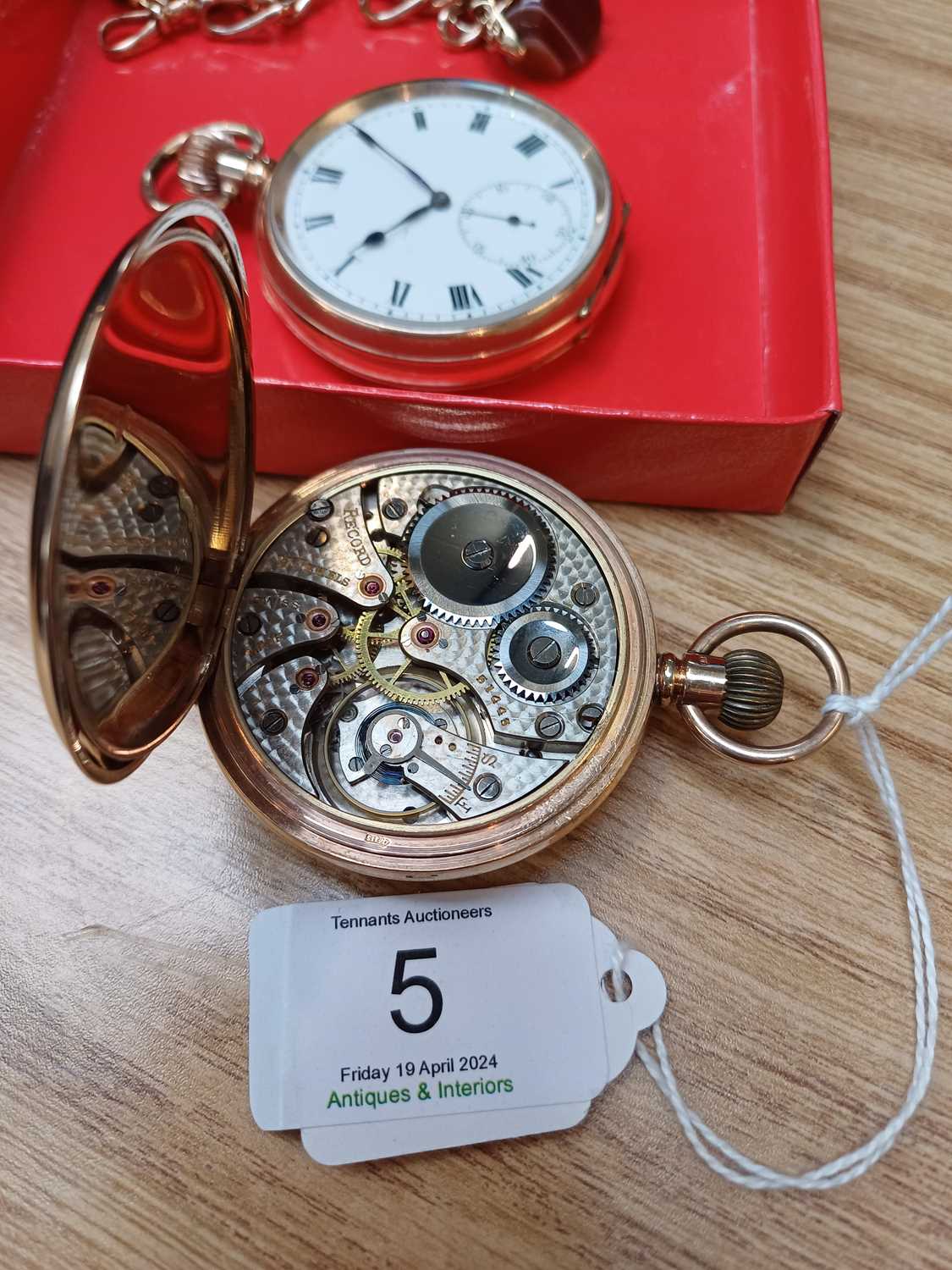 A 9 Carat Gold Record Pocket Watch, a 9 Carat Gold Curb Link Watch Chain, with two attached 9 - Image 2 of 2