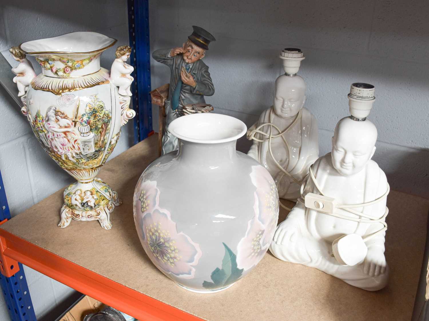 A Large Lladro Vase. capodimonte vase, capidomonte figure and pair of buddah lamps