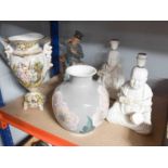 A Large Lladro Vase. capodimonte vase, capidomonte figure and pair of buddah lamps