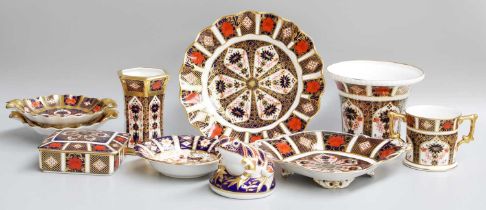 Royal Crown Derby Imari wares including a pair of 1128 pattern twin-handled dishes, trinket box,