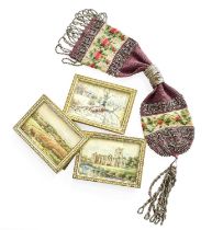 A Victorian Miesers Purse, and three miniature watercolours by J C Eccles (4)