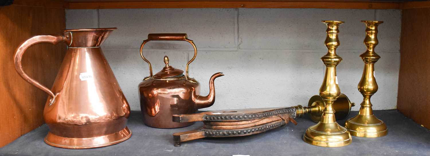 A Pair of Brass Candlesticks, copper harvest jug, copper kettle and a pair of brass mounted oak