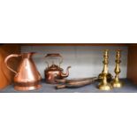 A Pair of Brass Candlesticks, copper harvest jug, copper kettle and a pair of brass mounted oak
