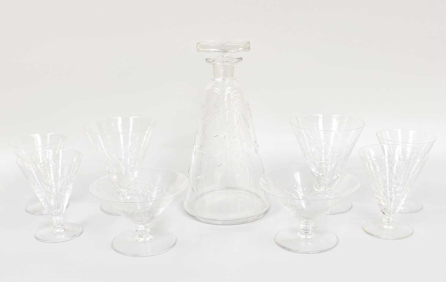 St Louis Glassware, comprising a decanter and stopper, ten large wines, eleven medium wines,