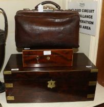 A 19th Century Brass-Bound Rosewood Writing Slope, A Smaller Example, A Leather Gladstone Bag and