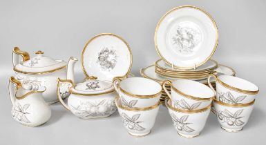 A Spode Chathan Pattern Tea Service, decorated with monochrome fruit and gilt borders (one tray)