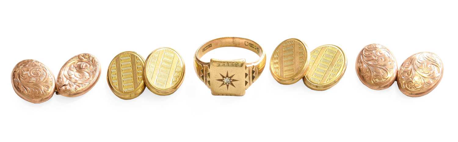 A 9 Carat Gold Diamond Signet Ring, finger size T; and Two Pairs of 9 Carat Gold Cufflinks, both