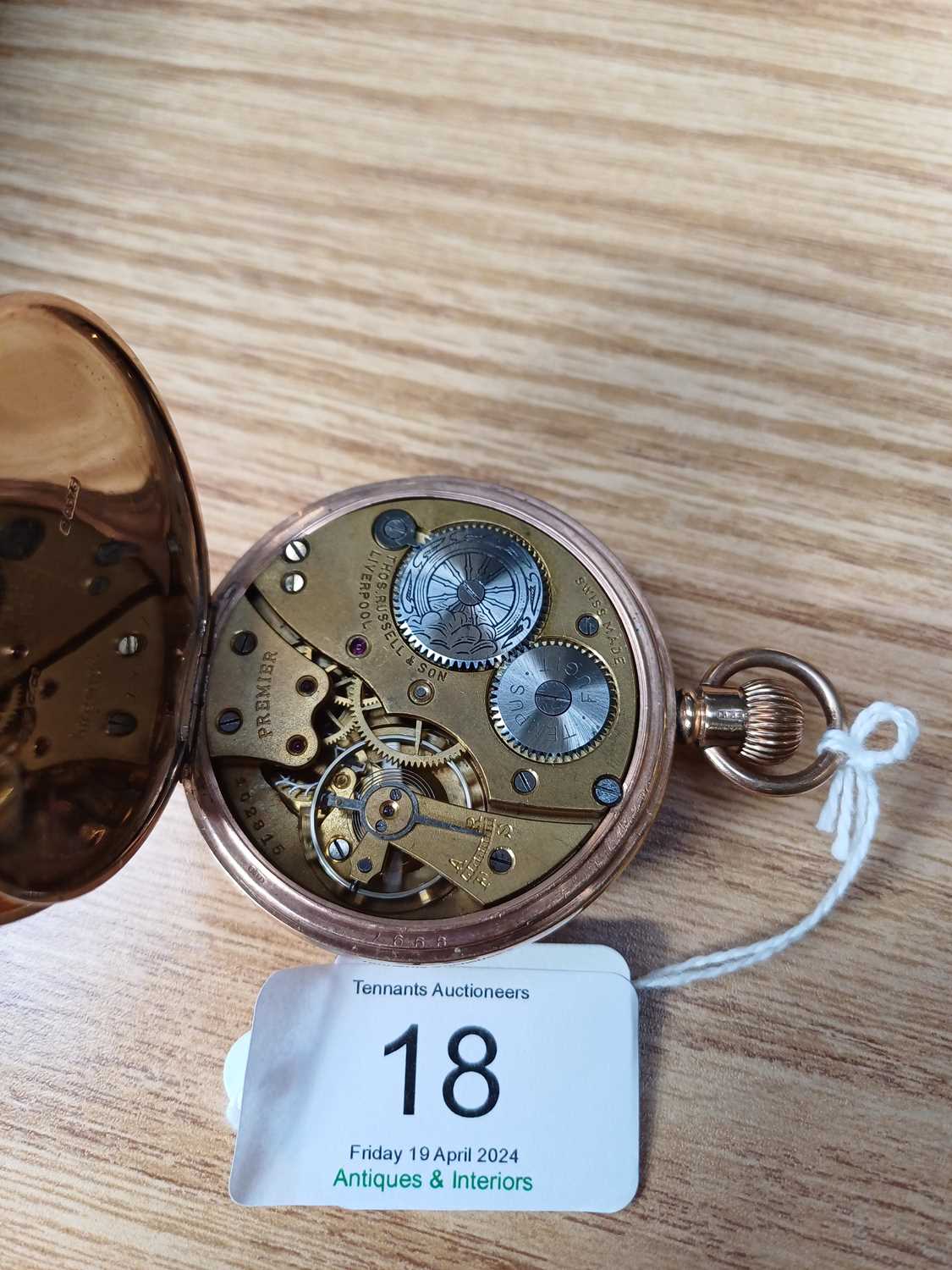 A 9 Carat Gold open Faced Pocket Watch, signed Thos Russell & son Case diameter - 47mm wide Gross - Image 2 of 2