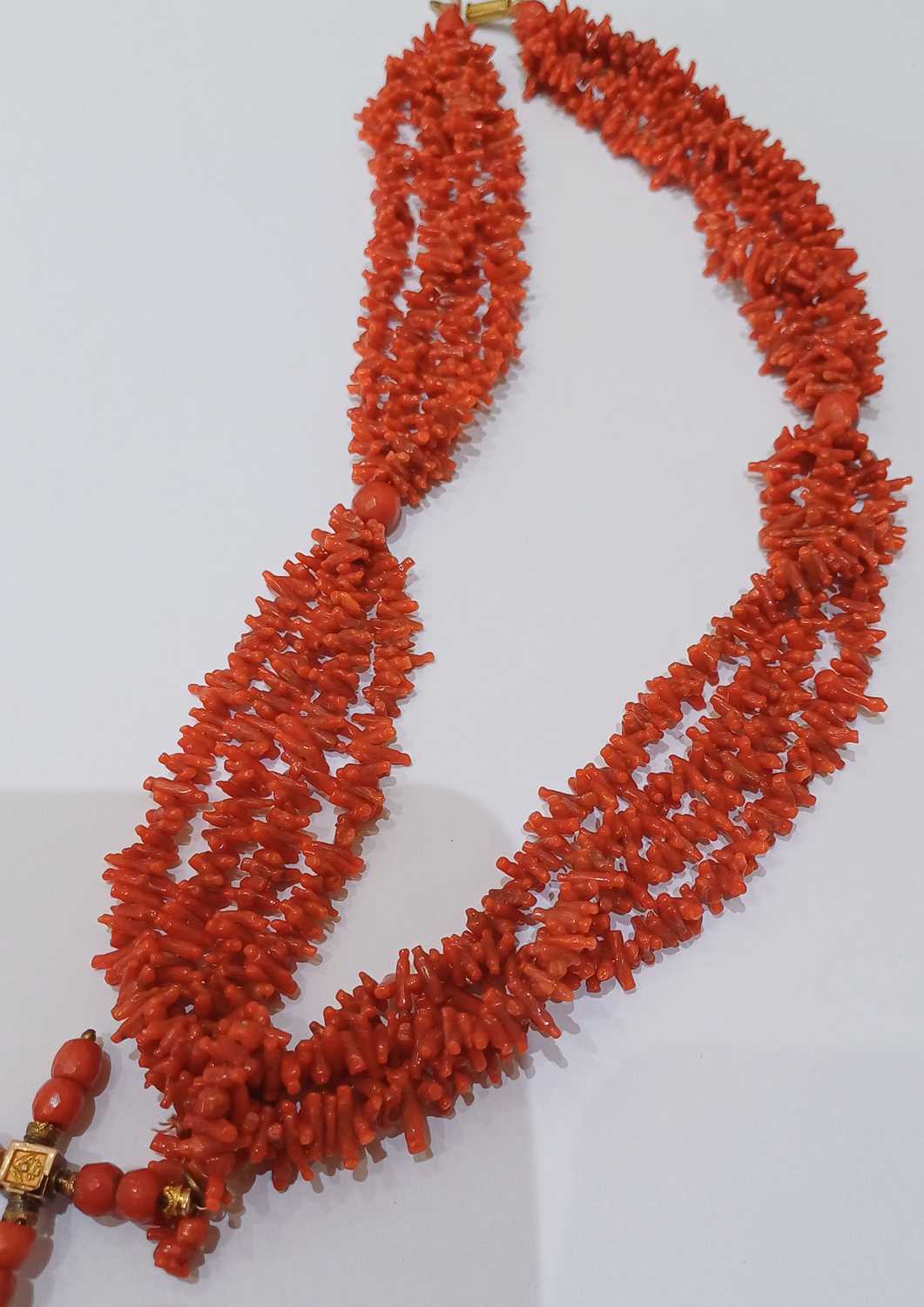 A Graduated Coral Bead Necklace, length 42cm; and A Four Strand Coral Branch Necklace, with cross - Image 5 of 9