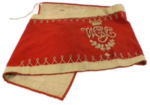 A Victorian Westmorland and Cumberland Yeomanry Kettle Drum Banner, in scarlet wool with embroidered