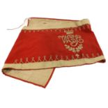 A Victorian Westmorland and Cumberland Yeomanry Kettle Drum Banner, in scarlet wool with embroidered