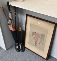 A Hunting Print ''Ten Miles from Anywhere'', a pair of Harry Hall riding boots and spurs, a