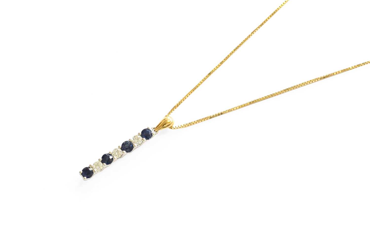A Sapphire and Diamond Pendant on Chain, four round cut sapphires alternate with three round