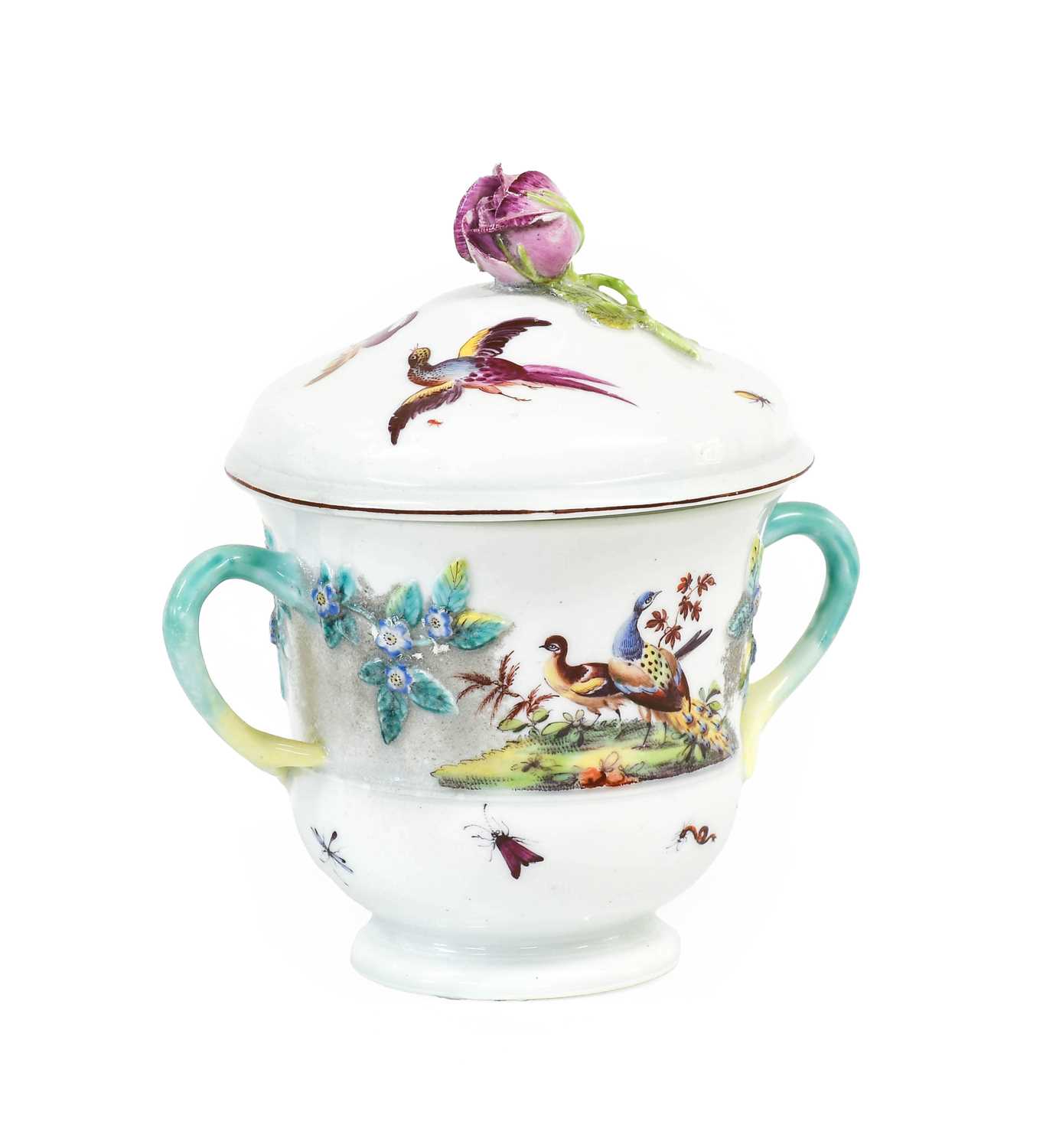 A Chelsea Porcelain Twin-Handled Chocolate Cup and Cover, circa 1755, of bell form with crabstock