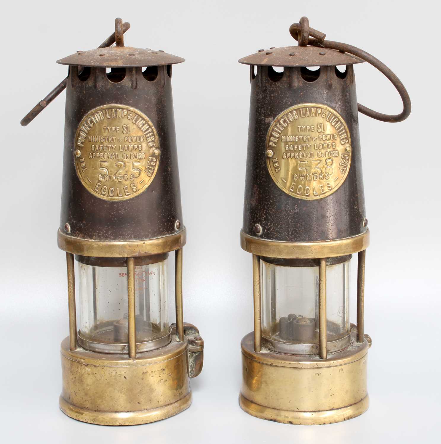 Two Type SL Eccles Miners Lamps, two early 19th century drinking glasses, Victorian drinking - Image 3 of 4