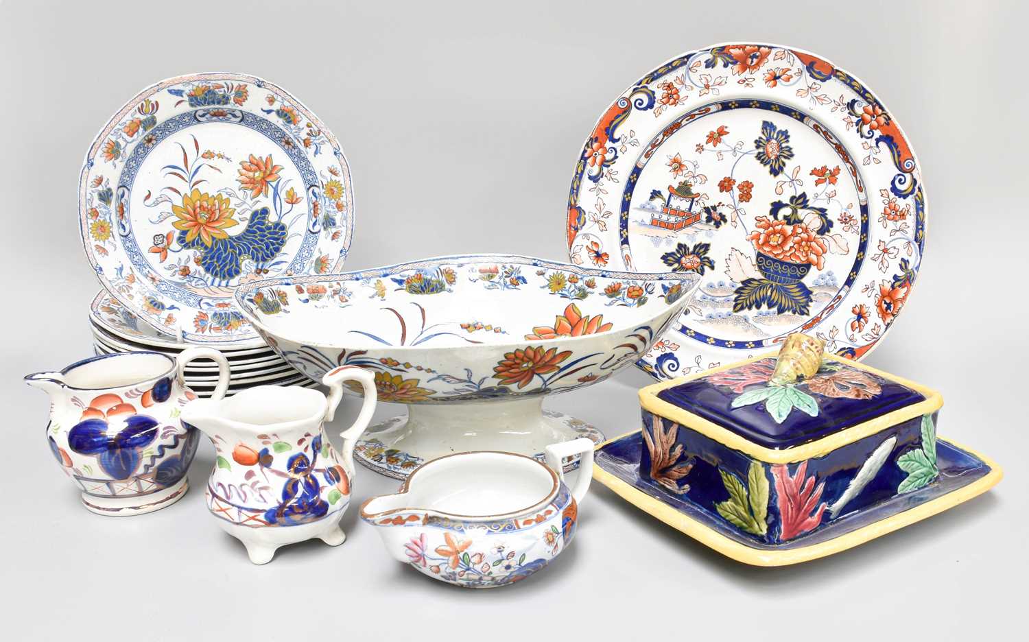 A 19th Century Majolica Sardine Dish and Cover, Imari porcelain dishes and plates, etc