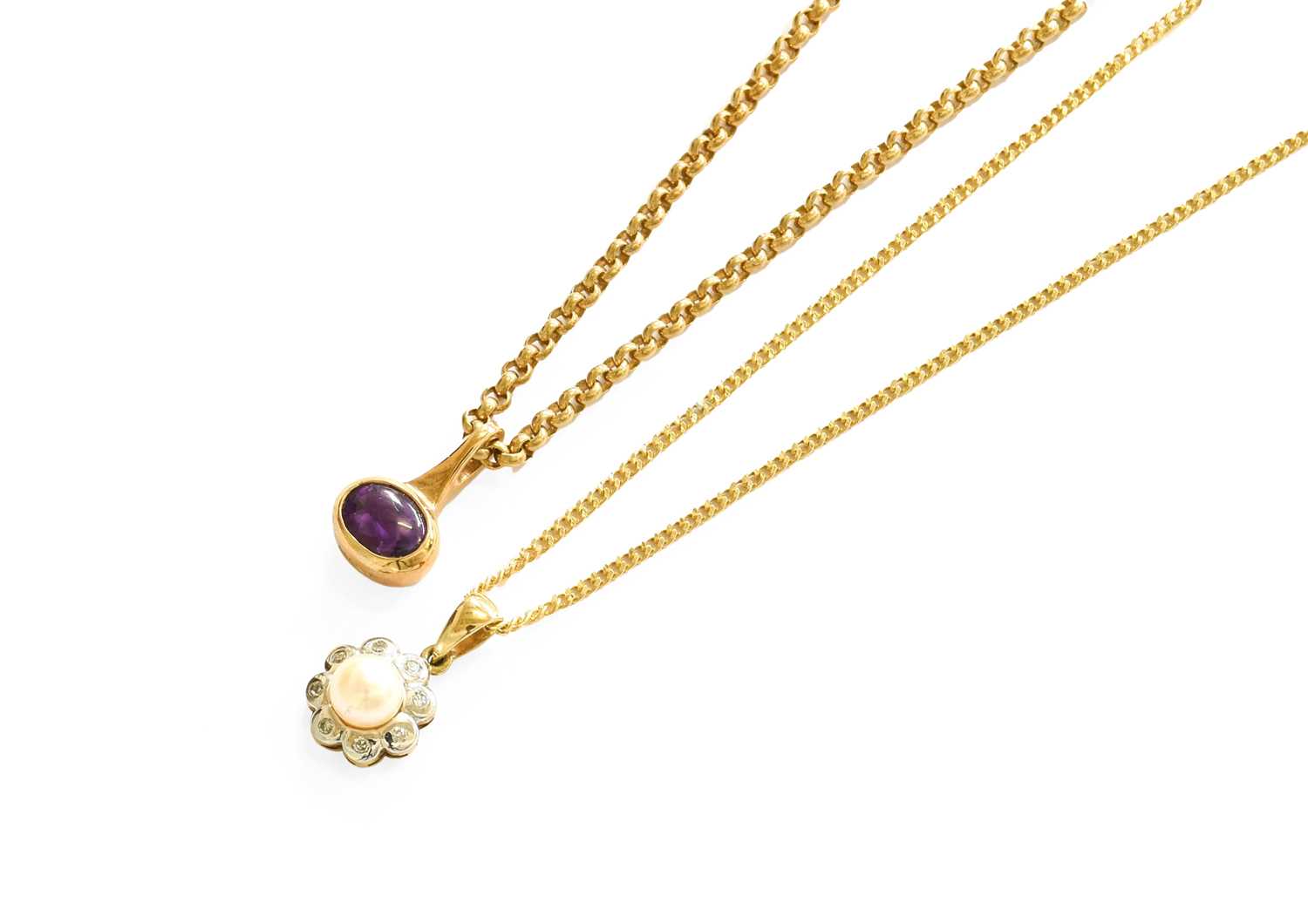 A 9 Carat Gold Sodalite Pendant, length 4.0cm; A 9 Carat Gold Amethyst Pendant on Chain, pendant