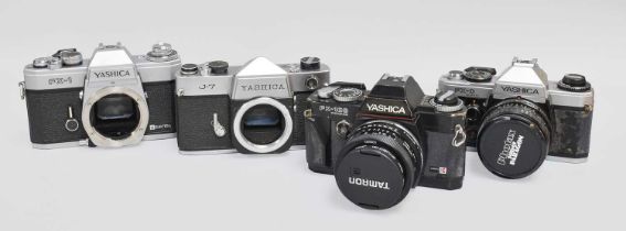 Yashica Cameras - FX-D with Tokina f2.8 28mm lens; FX-103 with Tamron f2.5 28mm lens; J7 and FX1
