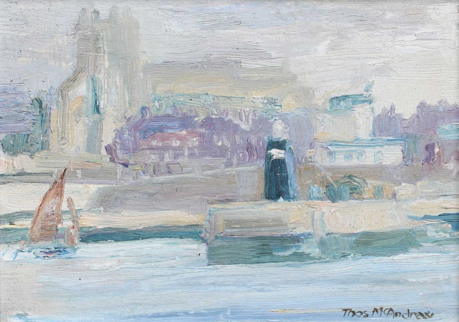 Thomas McAndrew (1916-2002) Moored boat with lighhouse beyond Signed, oil on board, together with - Image 2 of 8