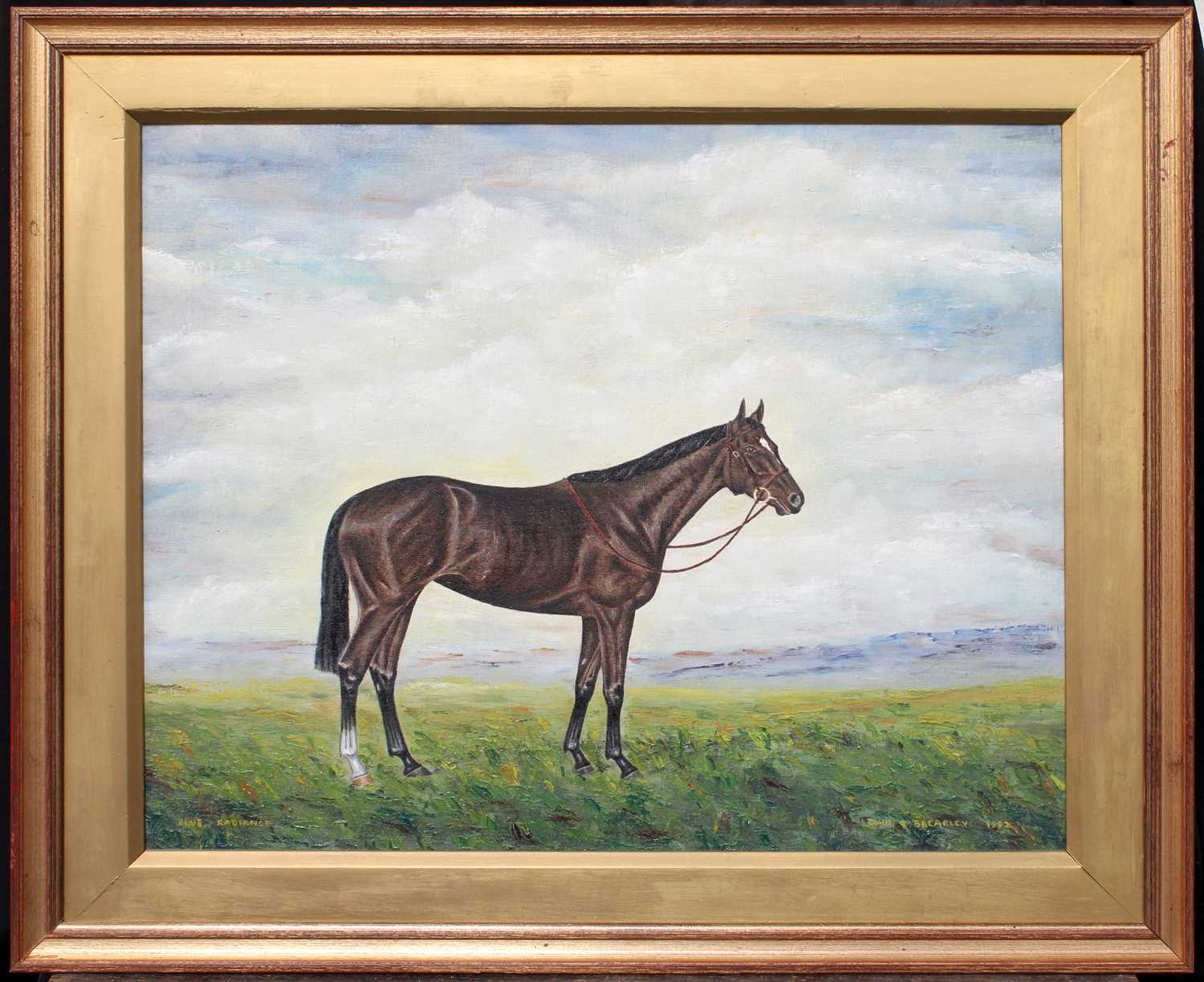 John G Brearley (Contemporary) "Blue Radience" Study of a dark bay horse in an extensive landscape - Image 2 of 2