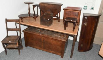 A Group of 18th Century and Later Furniture, comprising an oak candle box, a bow fronted hanging