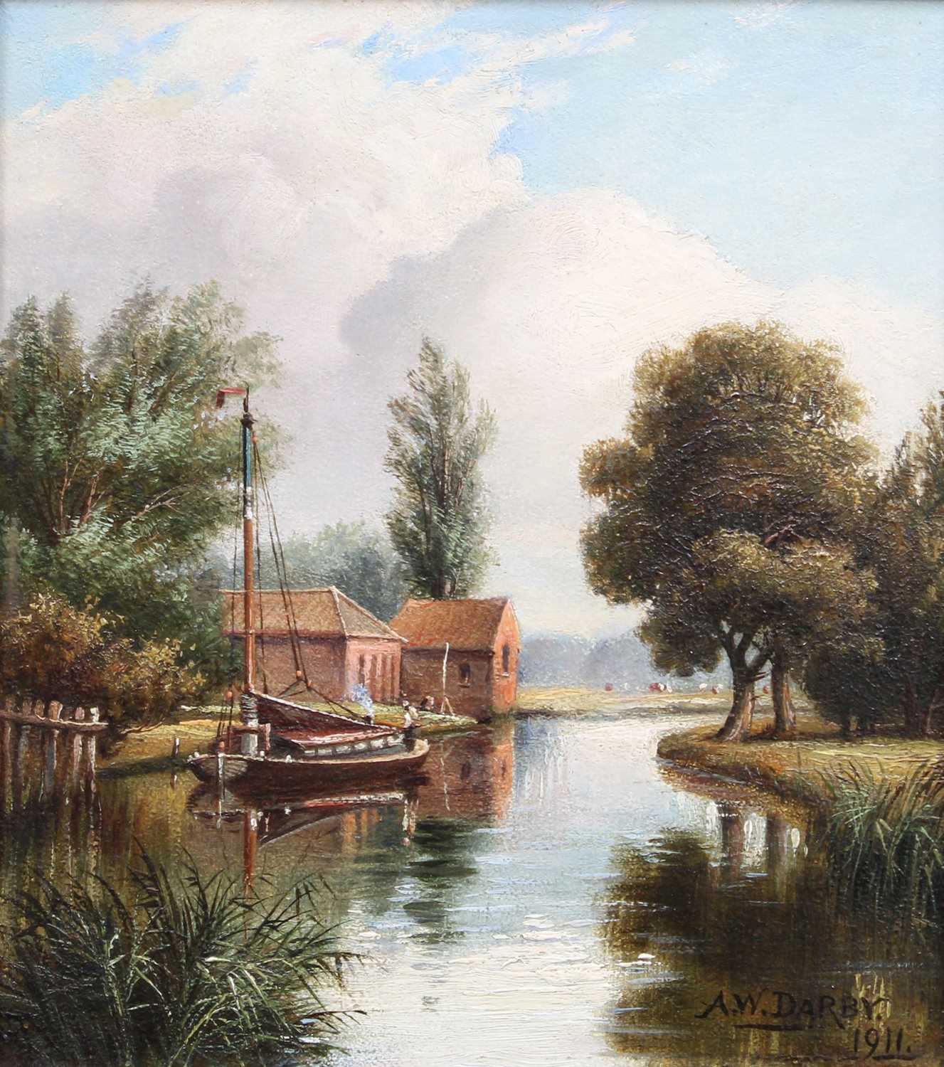 Alfred William Darby (1844-1916) "A river scene at Coltishall near Norwich" Signed and dated 1911,