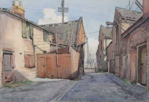 Alec Wright (1900-1981) Street scene with industrial landscape beyond Signed and dated 1953?,