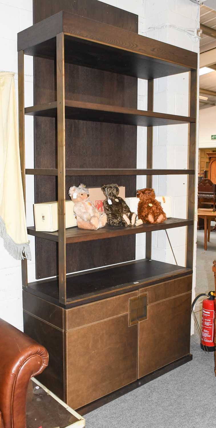 A Pair of Substantial Stained Wood Brushed Metal and Brown Leather Bookcases, the four open tiers - Image 3 of 3