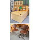 A Modern Satin Birch Effect Office Suite, comprising two tables, a corner bookcase, two glazed