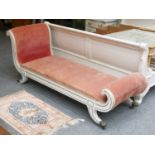 A Large Parcel Gilt White Painted Victorian Day Bed, with scroll ends, the legs capped with brass