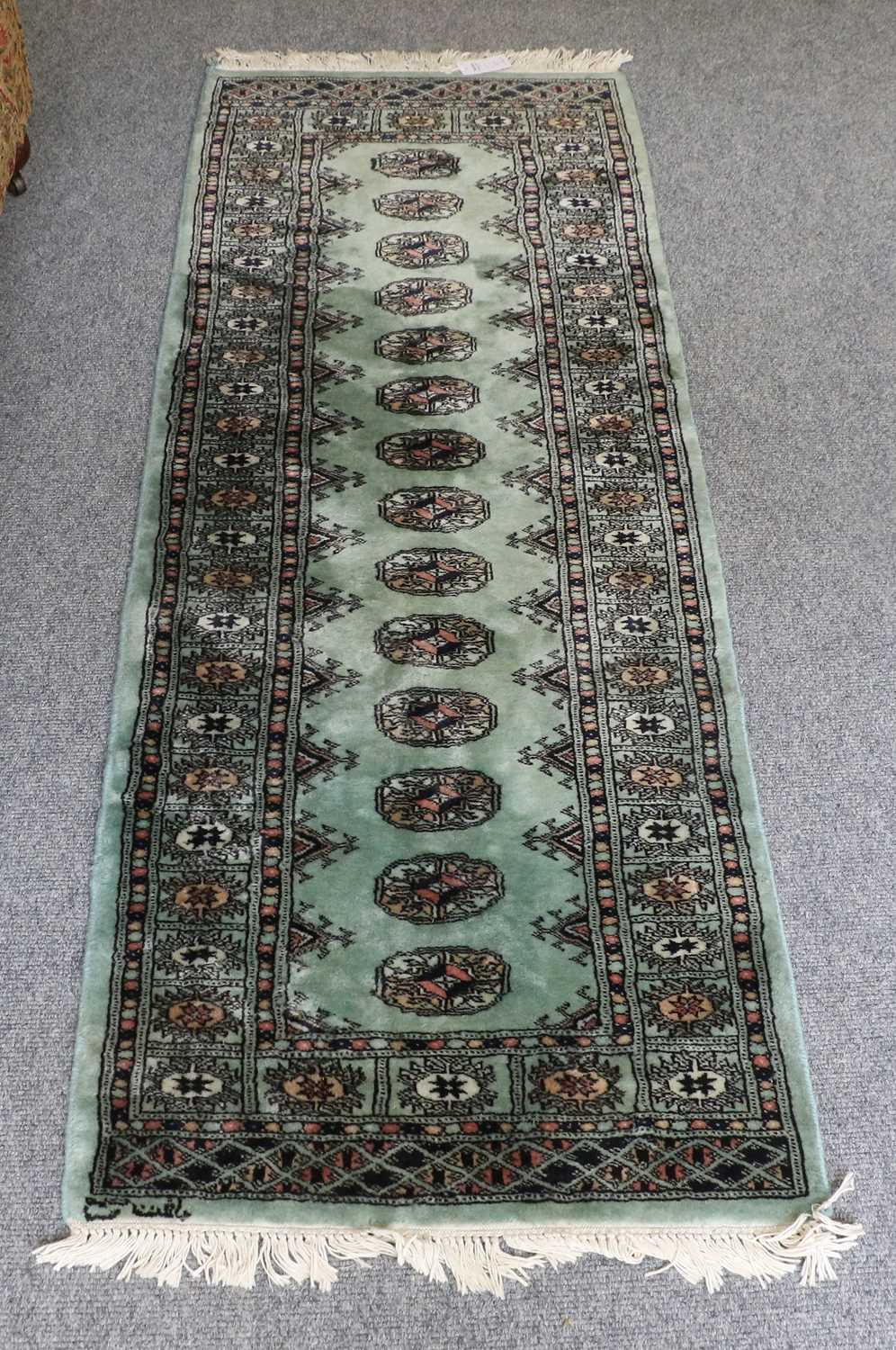 A Kasmir Silk Piled Rug, the sky blue field with central medallion, framed by spandrels and coral - Image 4 of 4