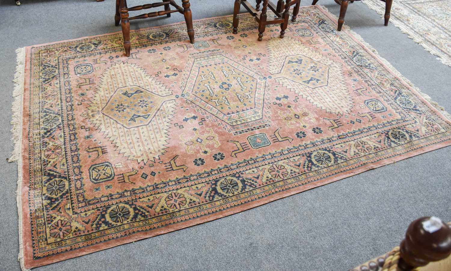 A Machine Made Carpet, the field with three medallions enclosed by rosette borders, 256cm by 182cm - Image 7 of 12