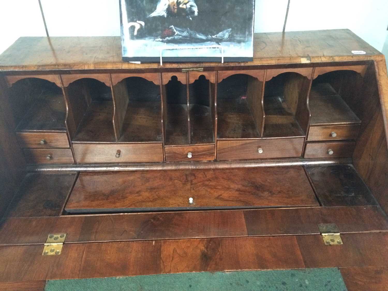 An 18th Century Walnut and Crossbanded Bureau, the fall flap opening to reveal fitted interior - Image 6 of 11