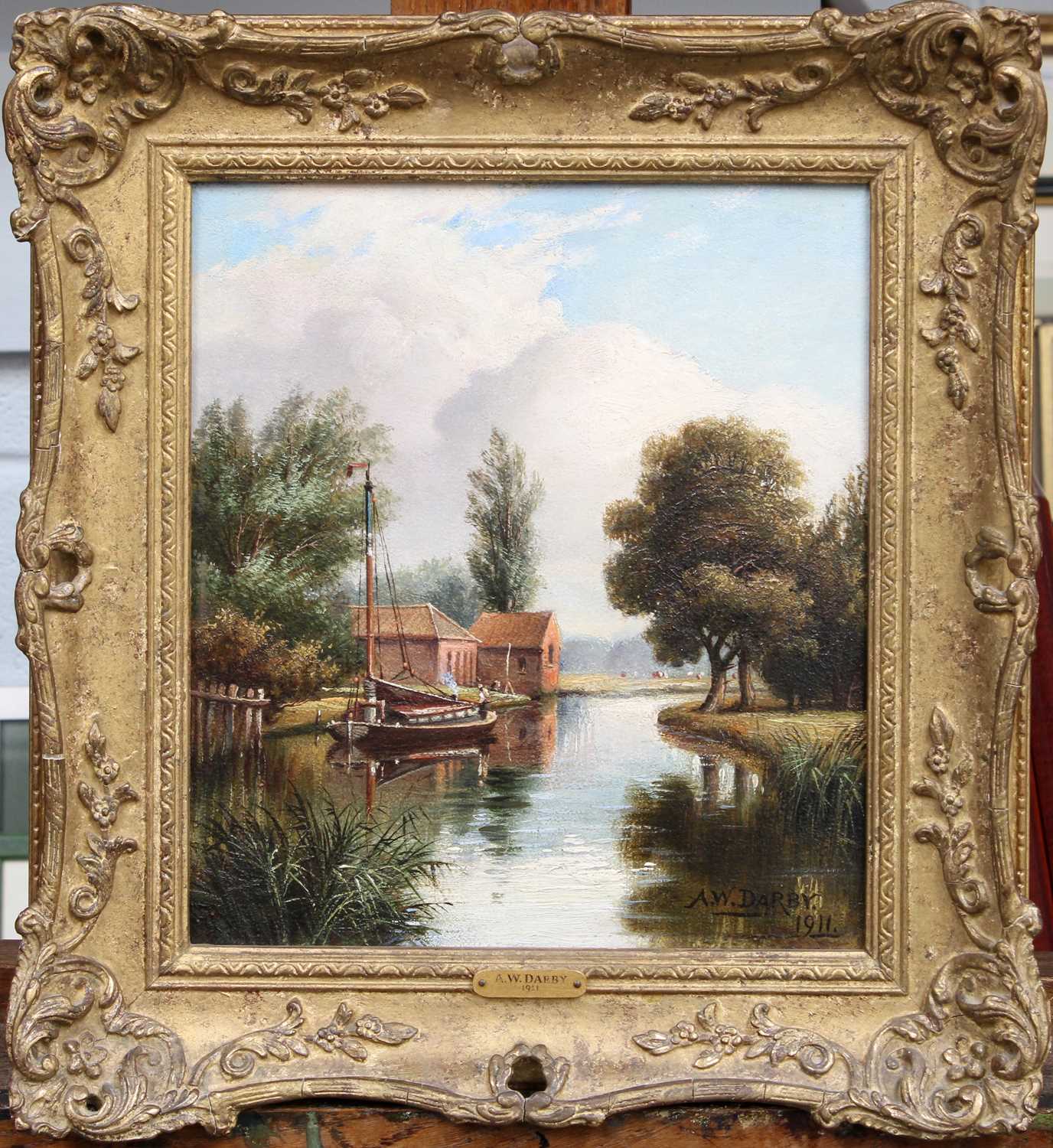 Alfred William Darby (1844-1916) "A river scene at Coltishall near Norwich" Signed and dated 1911, - Image 2 of 2