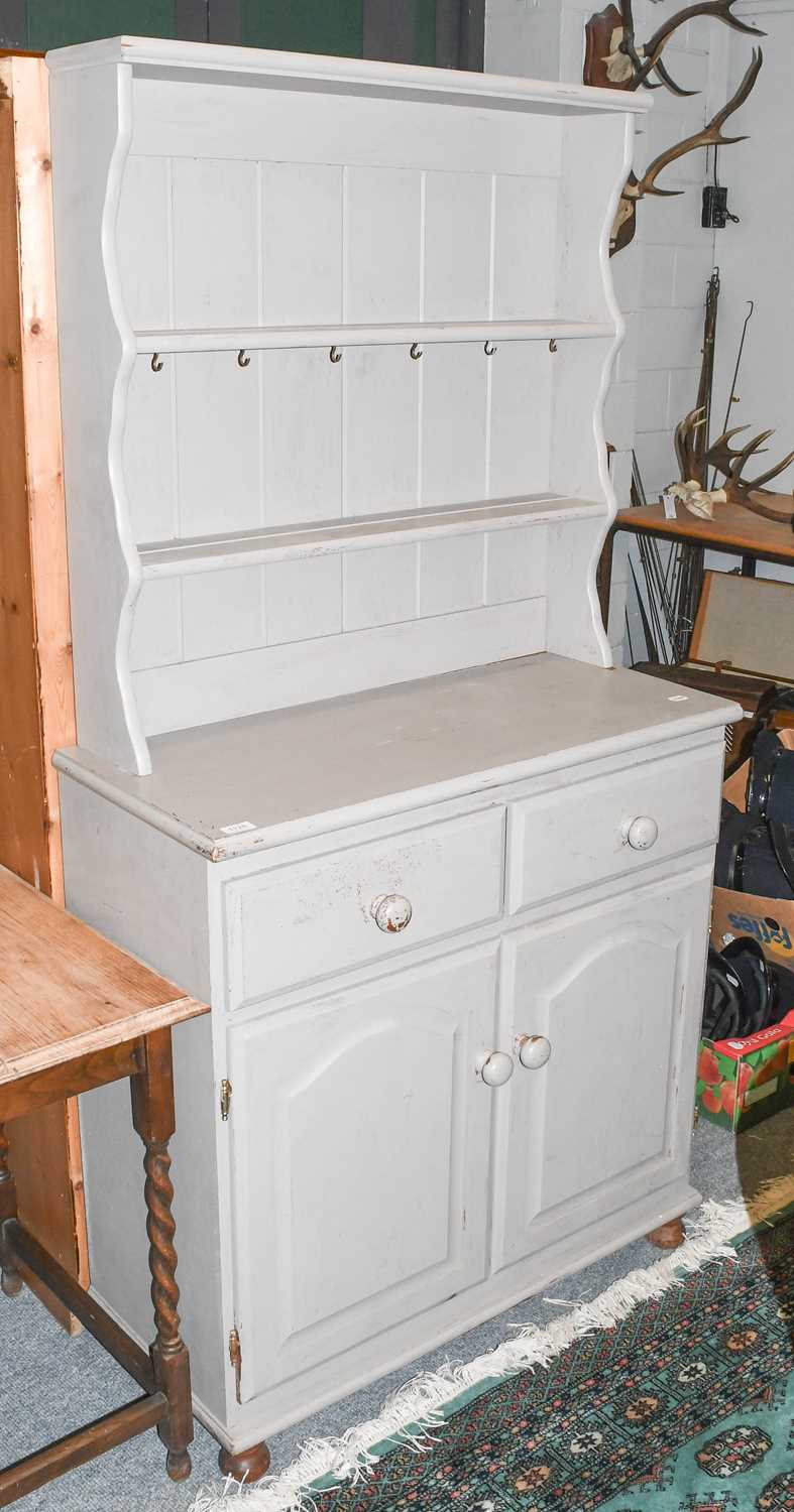 A Grey Painted Pine Country Kitchen Dresser, of small proportions, 91cm by 41cm by 181cm