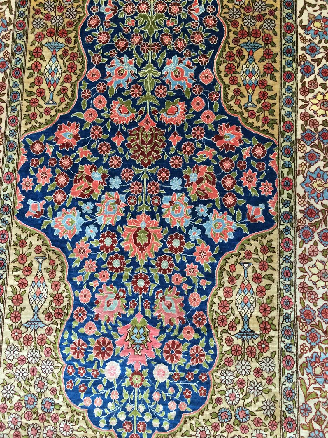 A Hereke Silk Rug, the indigo field of flowering plants, framed by mustard spandrels and ivory - Image 12 of 14