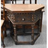 A Victorian Carved Fold Over Table, in 17th century style fitted with a drawer, 82cm by 41cm by 77cm