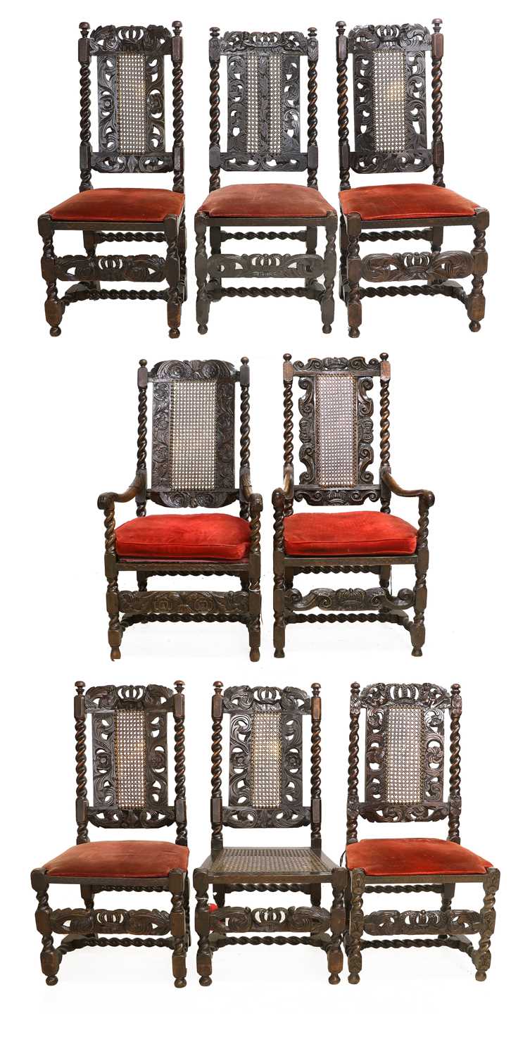 A Harlequin Set of Eight (6+2) William & Mary Carved Walnut High-Back Side Chairs, Late 17th